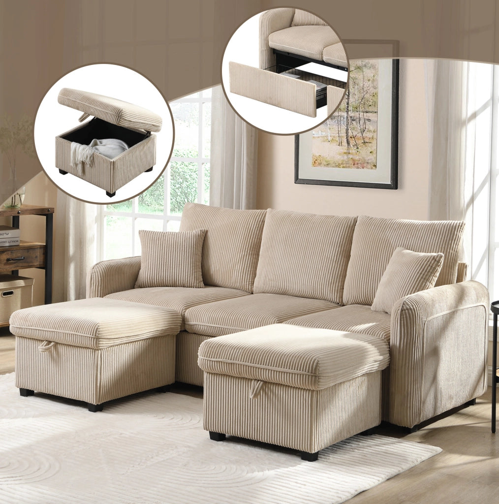 Divano modulare con 2 pouf contenitore e funzione letto; in tessuto cord beige