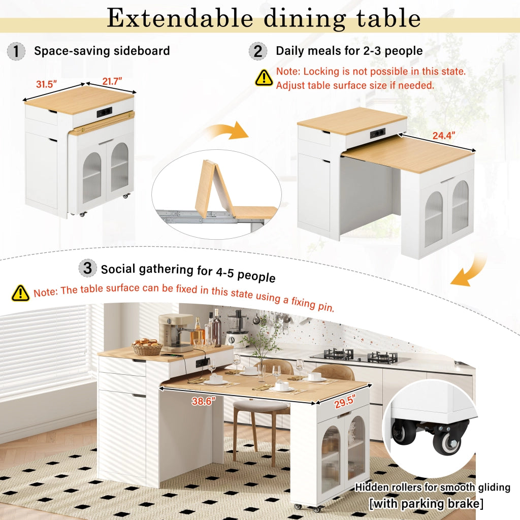 Tavolo allungabile multifunzionale con sideboard, ante in vetro, 2 cassetti, MDF e vetro, bianco