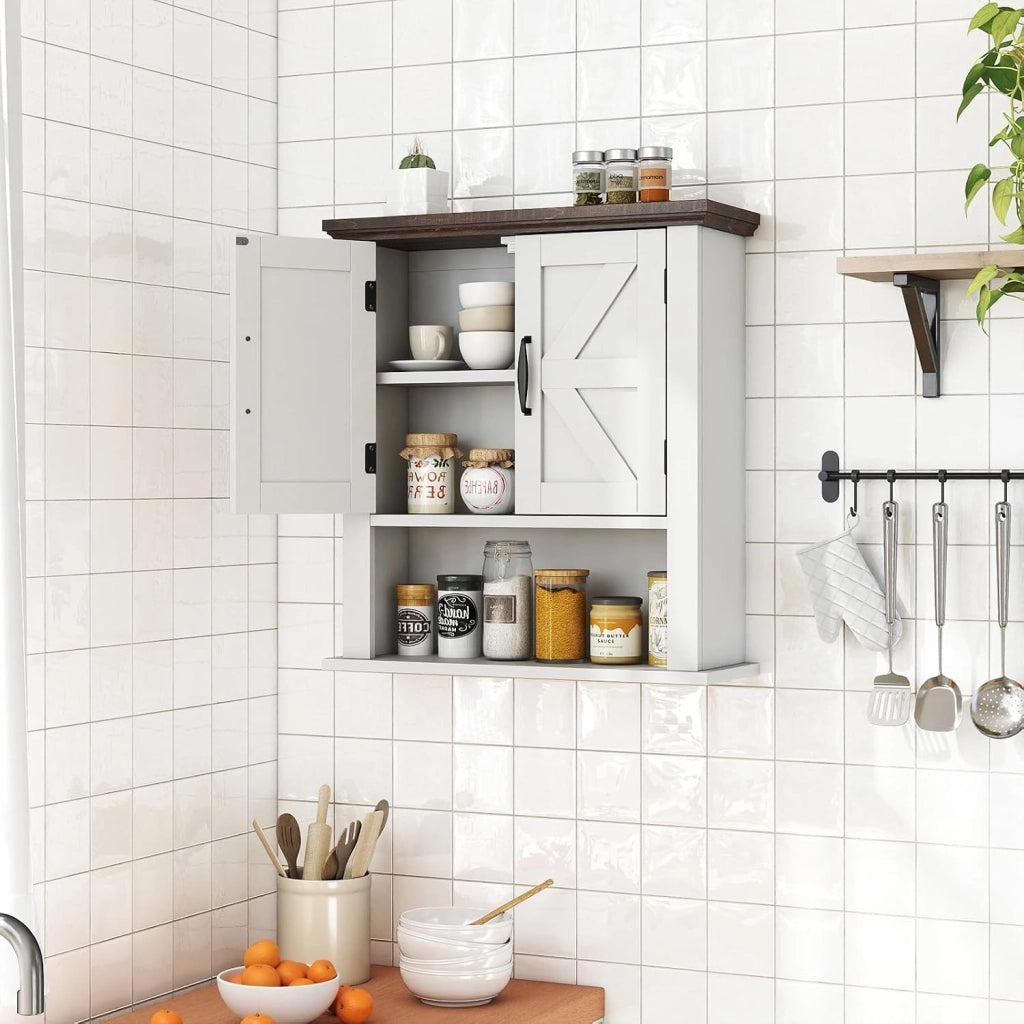 Mobile da Parete per Bagno, Mobiletto Bagno a Muro in Stile Rustico con Ripiano Regolabile e Scomparto Aperto, Armadietto per Soggiorno, Cucina e Ingresso, 55 x 19 x 60 cm (Bianco)