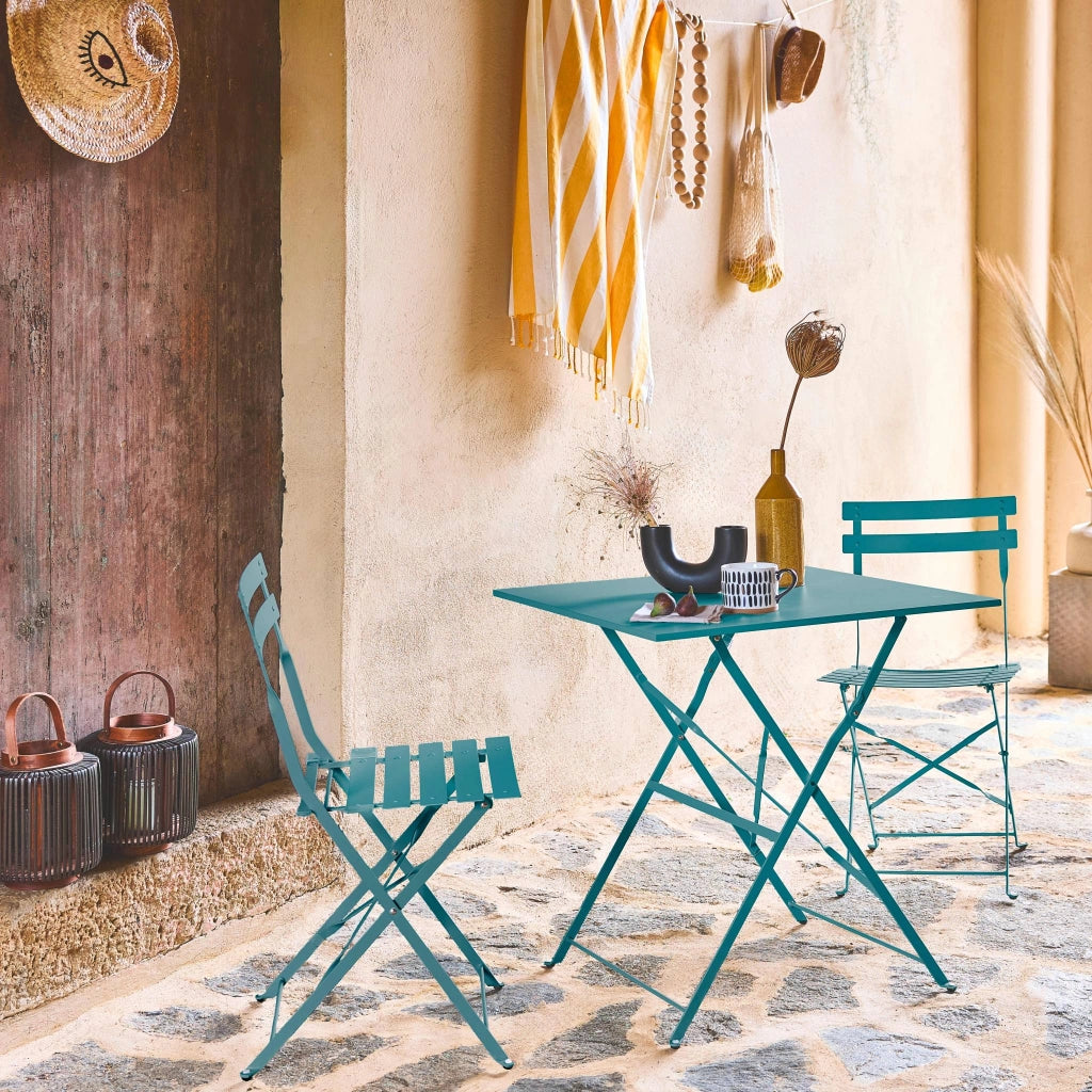 Set tavolo da giardino pieghevole in acciaio con 2 sedie, 70cm, blu