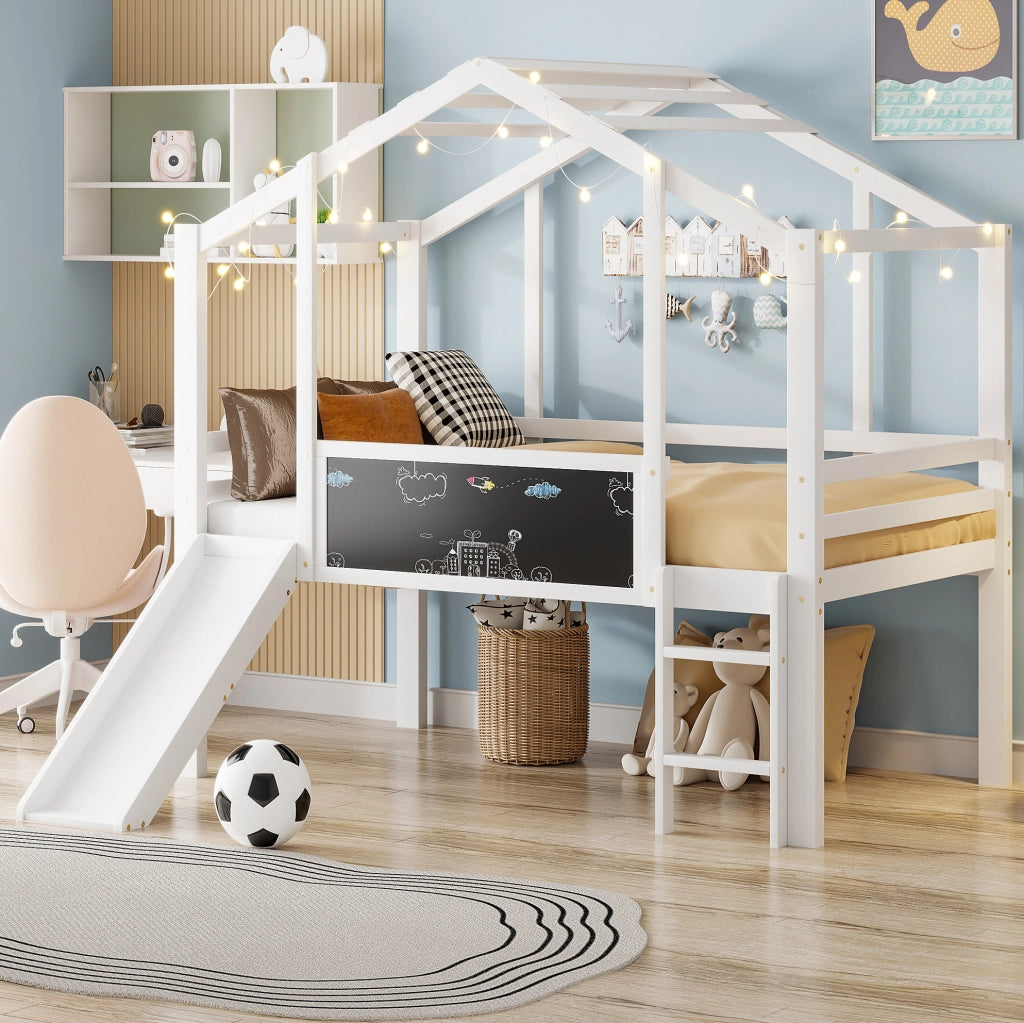 Letto a soppalco per bambini 90x200 cm con scivolo e lavagna