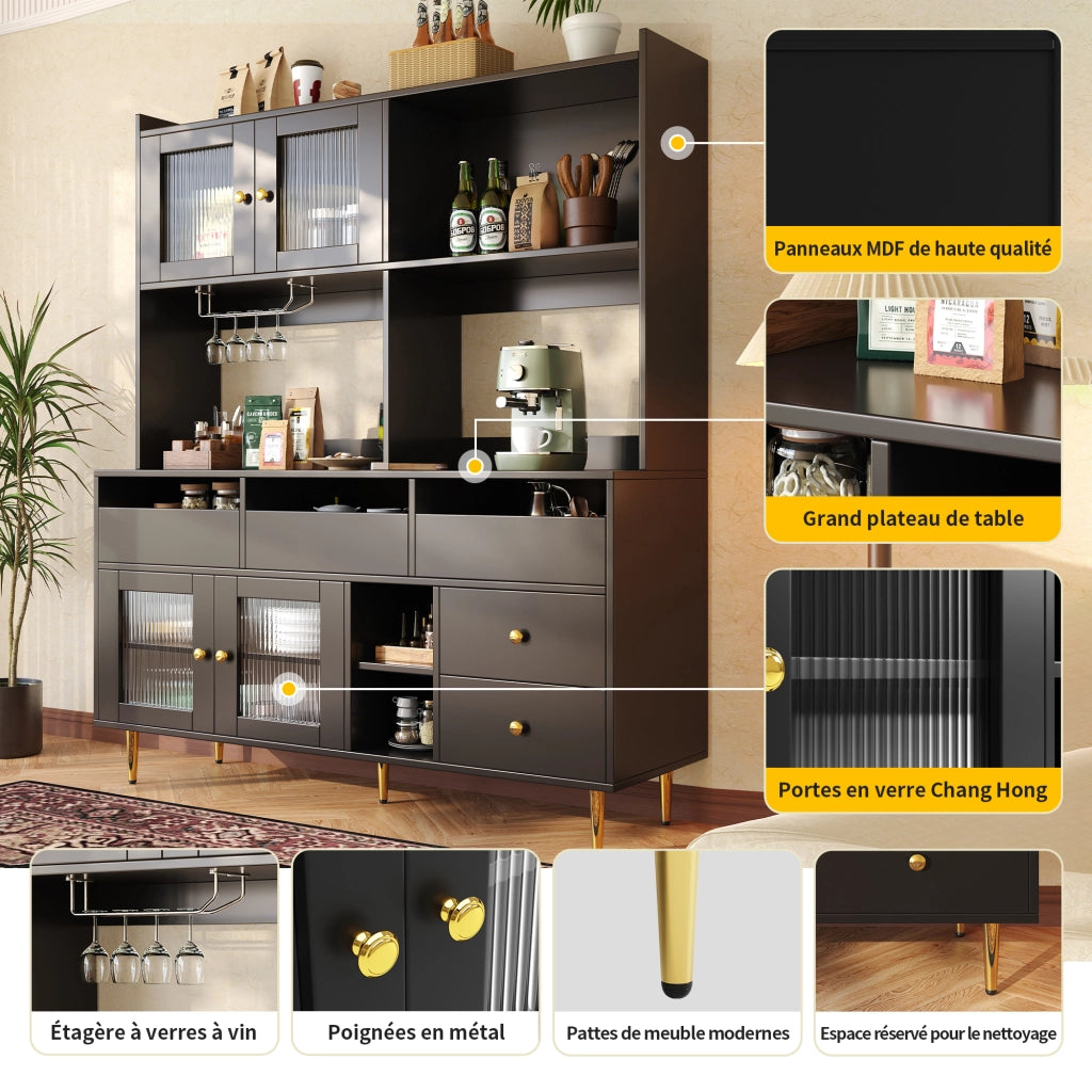 Credenza Alta da Cucina con Cassetti; Vani Aperti e Portabottiglie; Ante in Vetro Rigato; in MDF; 145 x 39 x 171 cm; Nero