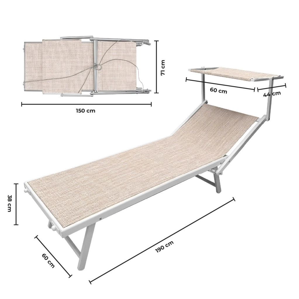 Lettino Prendisole Professionale Pieghevole e Impilabile con Parasole Regolabile, Schienale Reclinabile 2 Posizioni, Struttura in Alluminio, Tessuto Impermeabile UV Resistente, Portata 110 Kg Beige