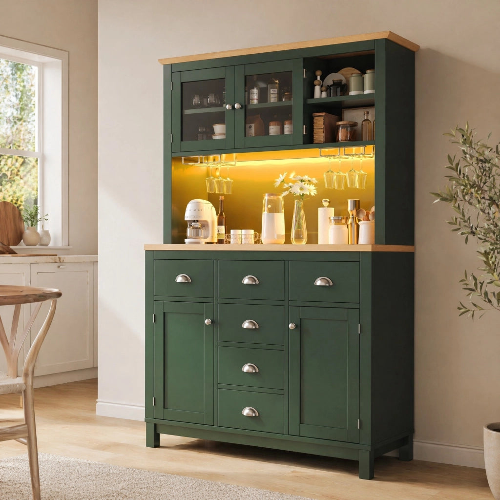 CREDENZA 104x40x180 cm in MDF Verde con LED e maniglie in metallo