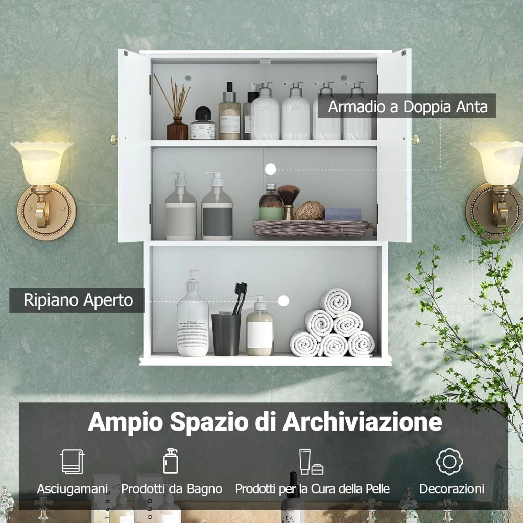 Mobile da Bagno da Parete, Mobiletto Salvaspazio a Muro a 2 Ante con Ripiano Aperto e Ripiano Regolabile, Armadietto per Cucina, Soggiorno e Ingresso, 60 x 21 x 75 cm (Bianco)