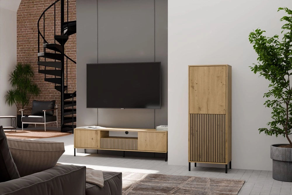 Vetrina KAMARO 2dk slim/liscio rovere artisan doghe decorative frontale scanalato + classico per soggiorno
