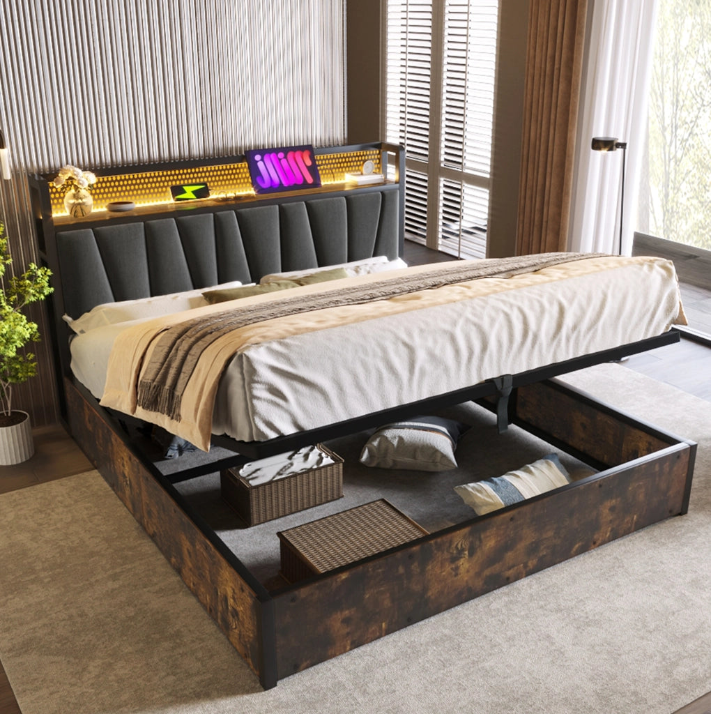 Letto matrimoniale in metallo con LED RGBW, USB e contenitore