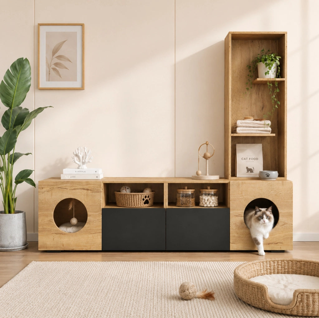 MOBILE TV con Libreria e Area per Gatti 185x40x162 cm Nero e Naturale