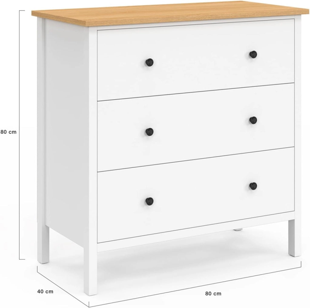 ACHILLE Cassettone a 3 cassetti 80 cm piano in legno bianco