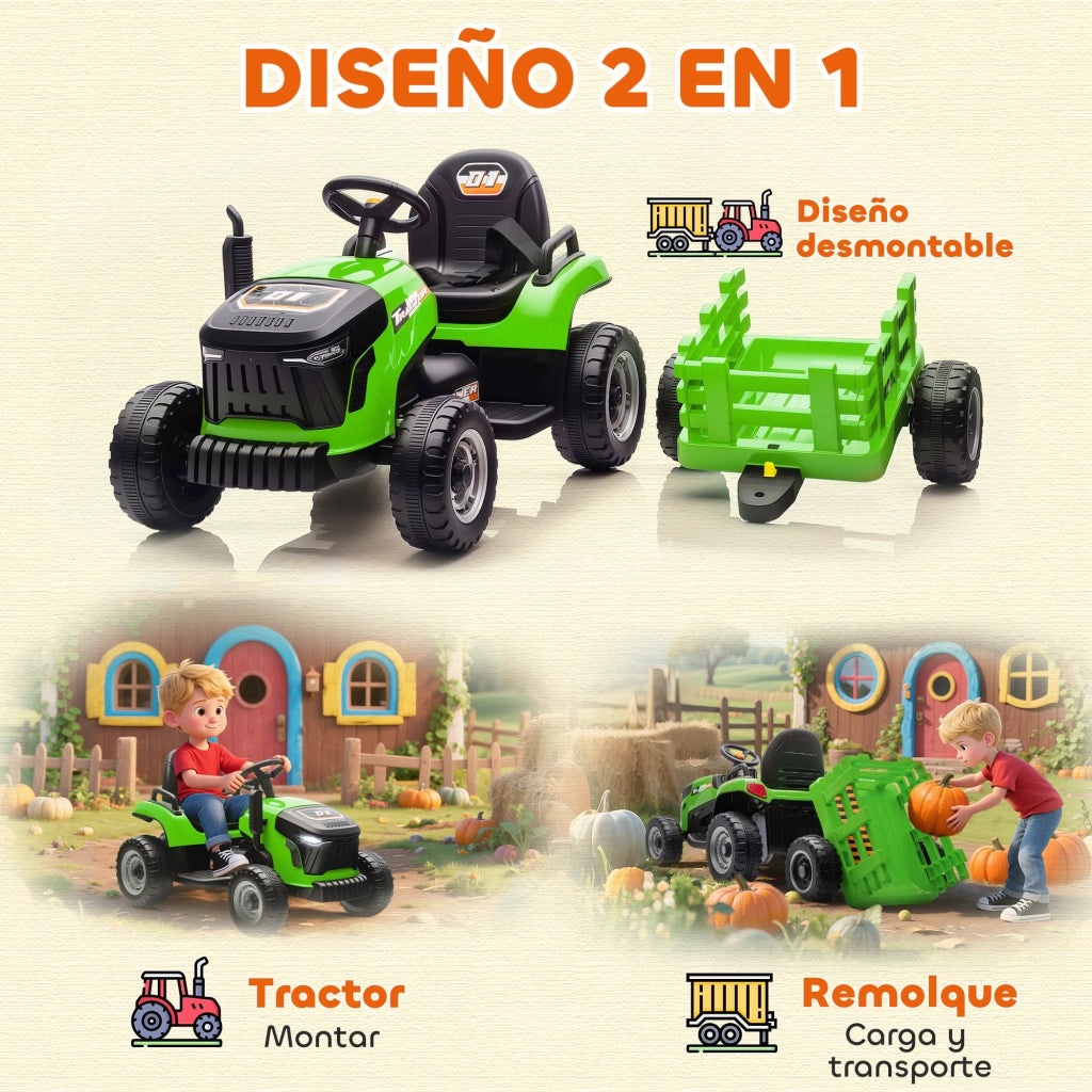 Trattore Giocattolo per Bambini con Rimorchio ¨C Zephmum ¨C Verde, 12V, Telecomando