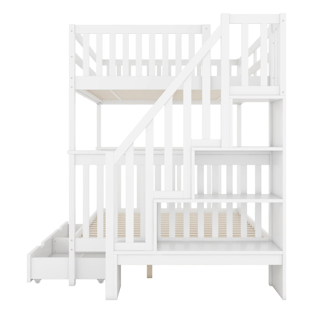 Letto a Castello 140x200 cm; 2 Posti - 2 Cassetti; Scala con Mensola; Sponde Alte - Bianco