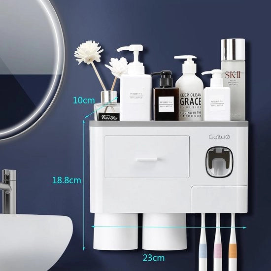 Oggetto da appendere alla parete, rilasciatore automatico di dentifricio, contenitore di spazzolini da denti senza foratura, per bambini/adulti, con 6 alloggiamenti per spazzolini da denti e 2 boccali magnetici.