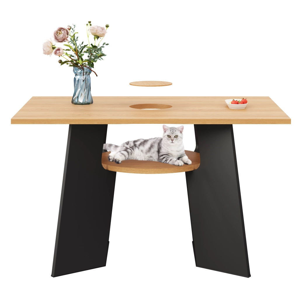 Tavolo da pranzo con area per gatti e ripiano inferiore, piano apribile, per cucina e sala da pranzo, nero e naturale, 130 × 85 × 75 cm