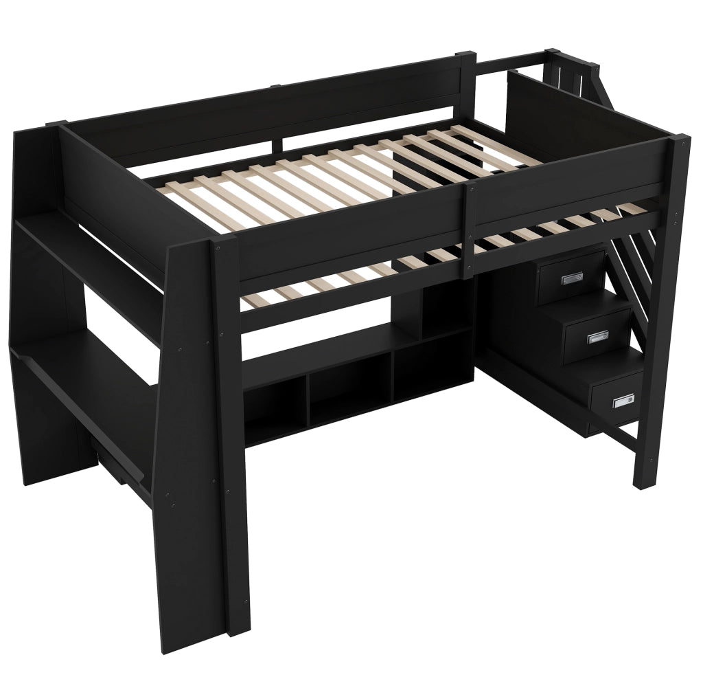 Letto a soppalco 140x200 cm nero con scrivania, LED e scala