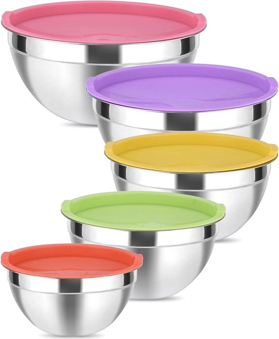 Set di contenitori in acciaio inossidabile con coperchio ermetico, 4,1 l, 3,4 l, 2,5 l, 2,0 l, 1,4 l, ideale per cucinare, cuocere e conservare.