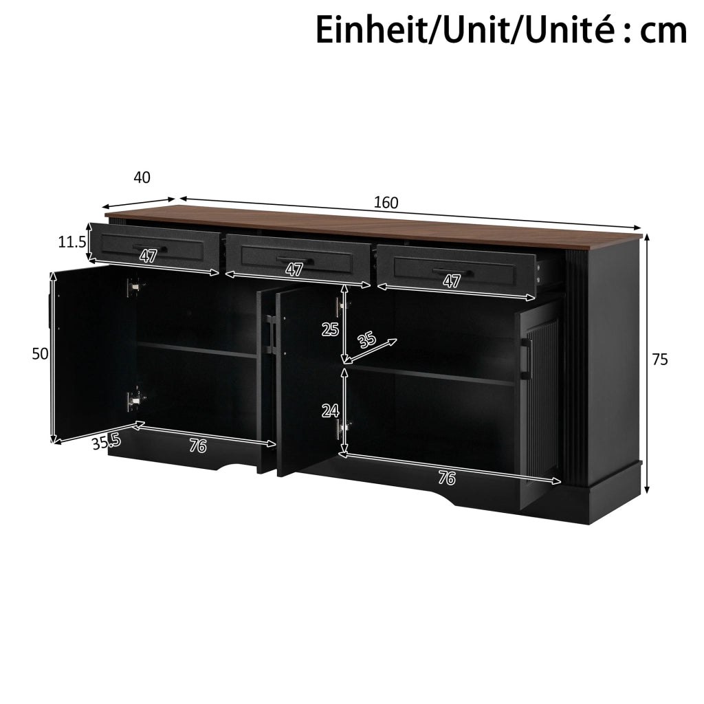 Credenza e madia con 4 ante 3 cassetti e 2 vani, in MDF, nero, per soggiorno e ingresso, 160 × 40 × 75 cm