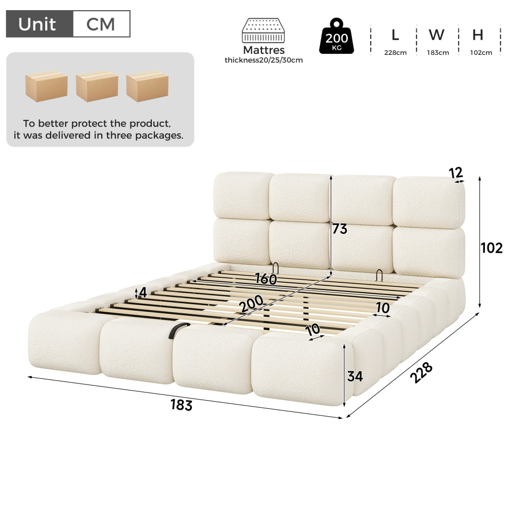 Letto matrimoniale imbottito 160x200 cm con contenitore idraulico; design nuvola bubble; tessuto bouclé bianco