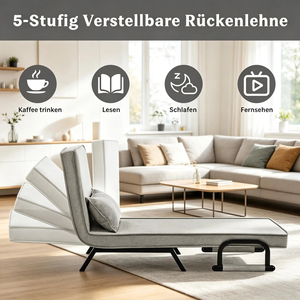 Poltrona letto pieghevole 3 in 1 con schienale reclinabile a 5 posizioni, senza materasso, grigio chiaro