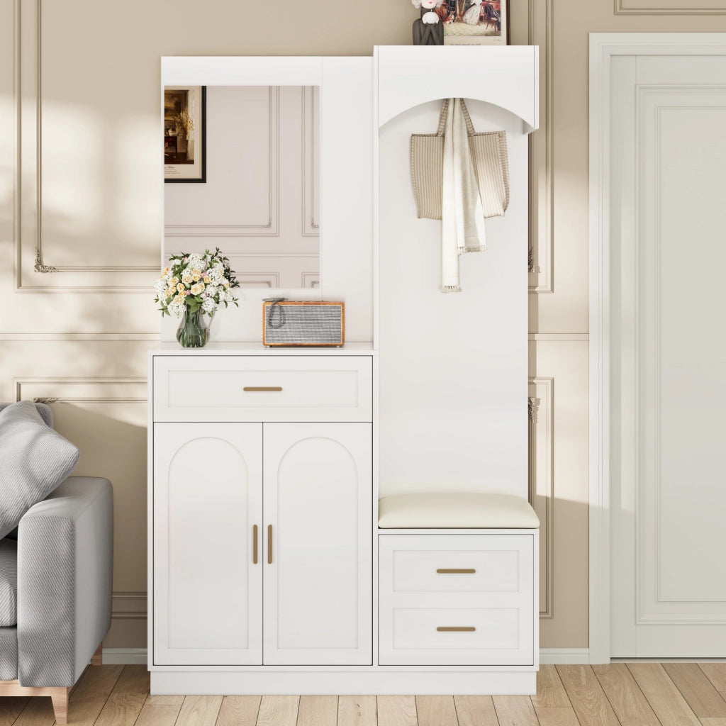 Set mobili ingresso con guardaroba, scarpiera, specchio e panca, in MDF Bianco