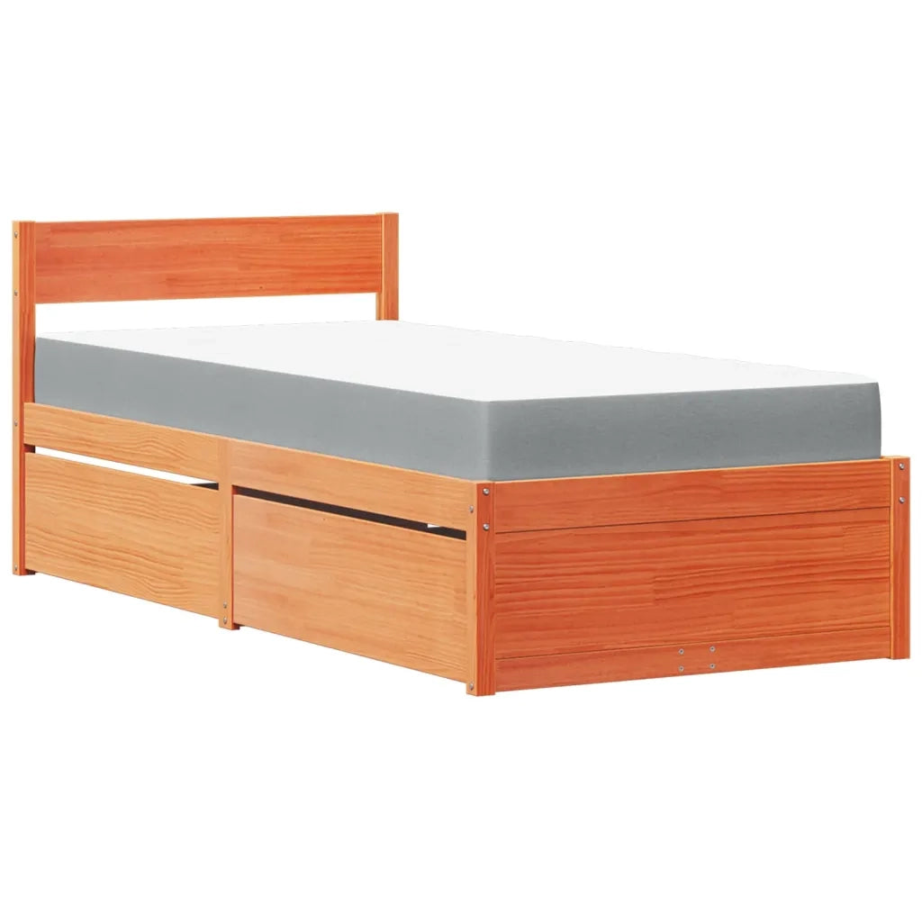 Letto Cassetti e Materasso Marrone Cera 100x200cm Massello Pino 3281906