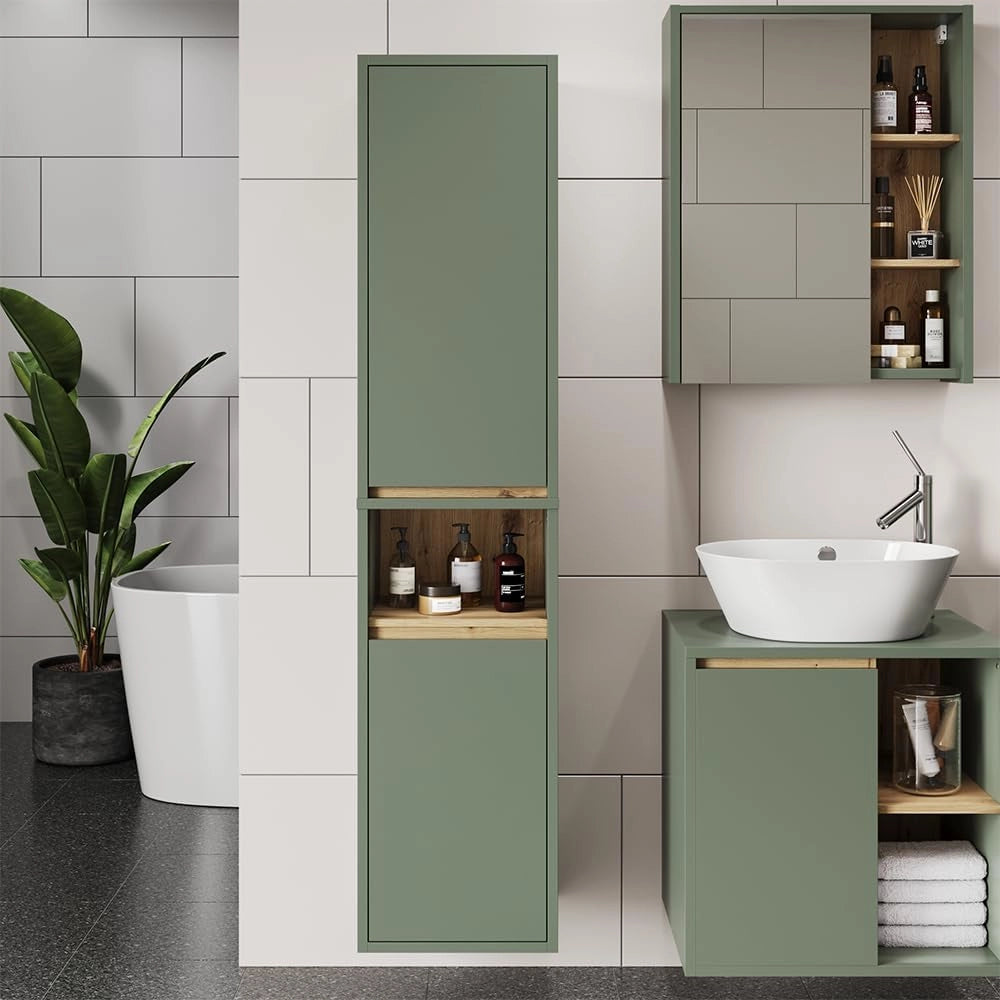 Armadio per il bagno Viola, Verde/Artigianale, 38 x 170 cm con 2 porte