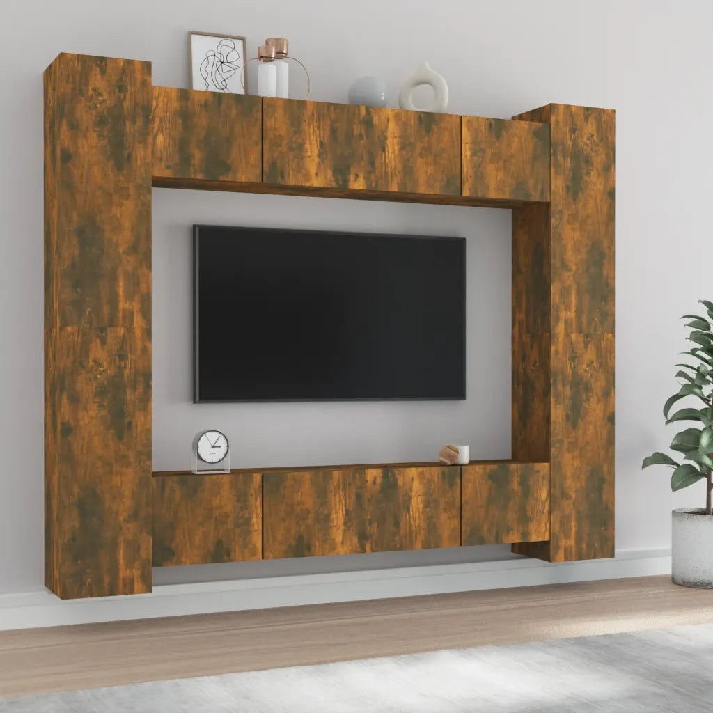 Set Mobili Porta TV 8pz | Armadietto TV | Mobile Porta TV Rovere Fumo in Legno Multistrato