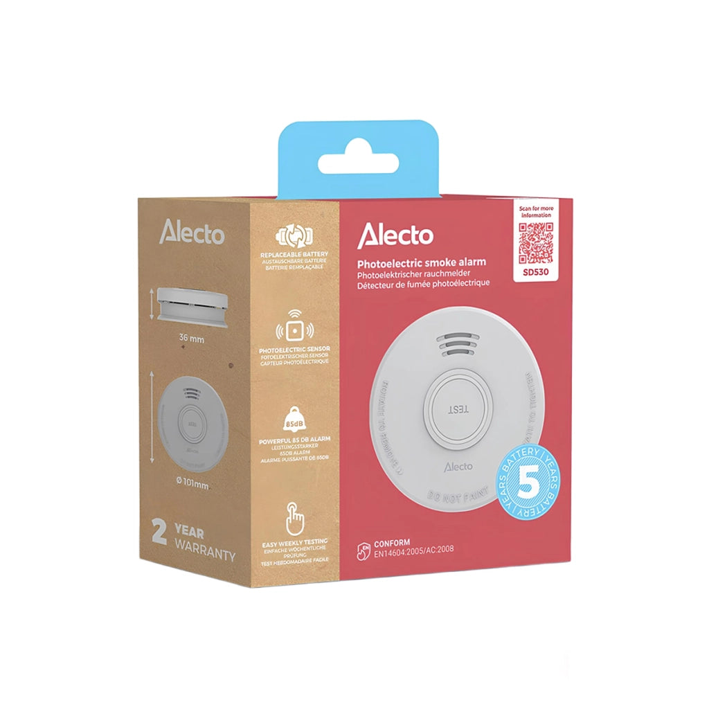 Rilevatore di Fumo 85dB con Batteria da 5 anni Certificato EN14604 Bianco Alecto