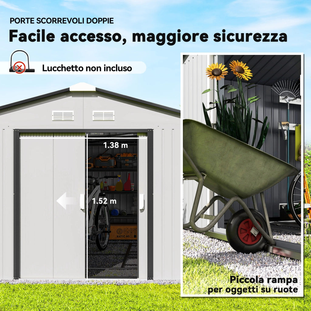 Casetta da Giardino 3.4x3.8x2 m in Acciaio con Doppia Porta Scorrevole e Tetto Inclinato, Argento