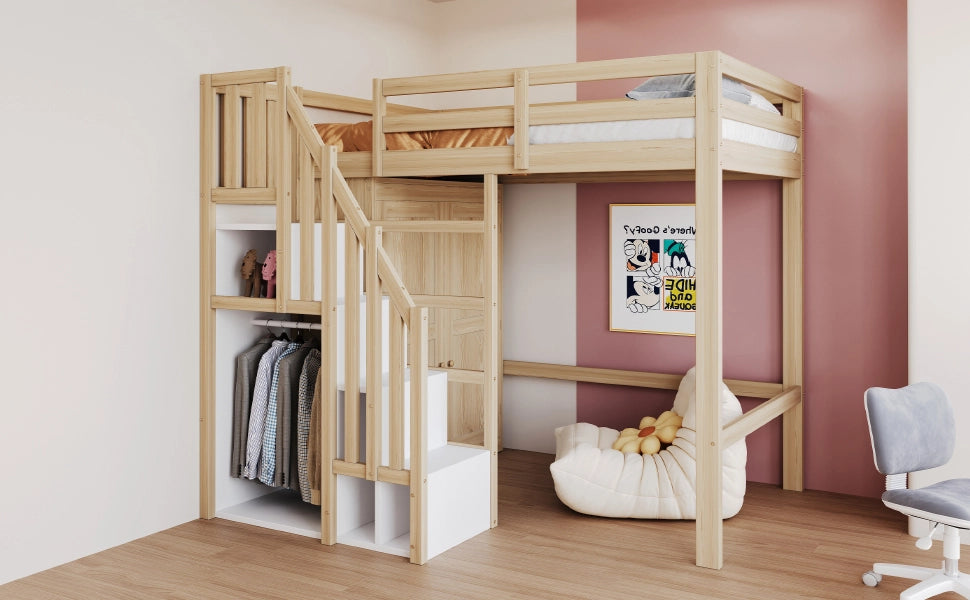 DESMIU Letto a soppalco 1 posto con scala contenitore e armadio, 90 × 200 cm, senza materasso, legno naturale