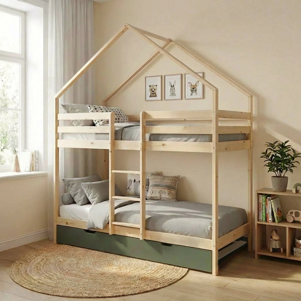 Letto a castello per bambini cabina 190cm pino naturale con cassetto,