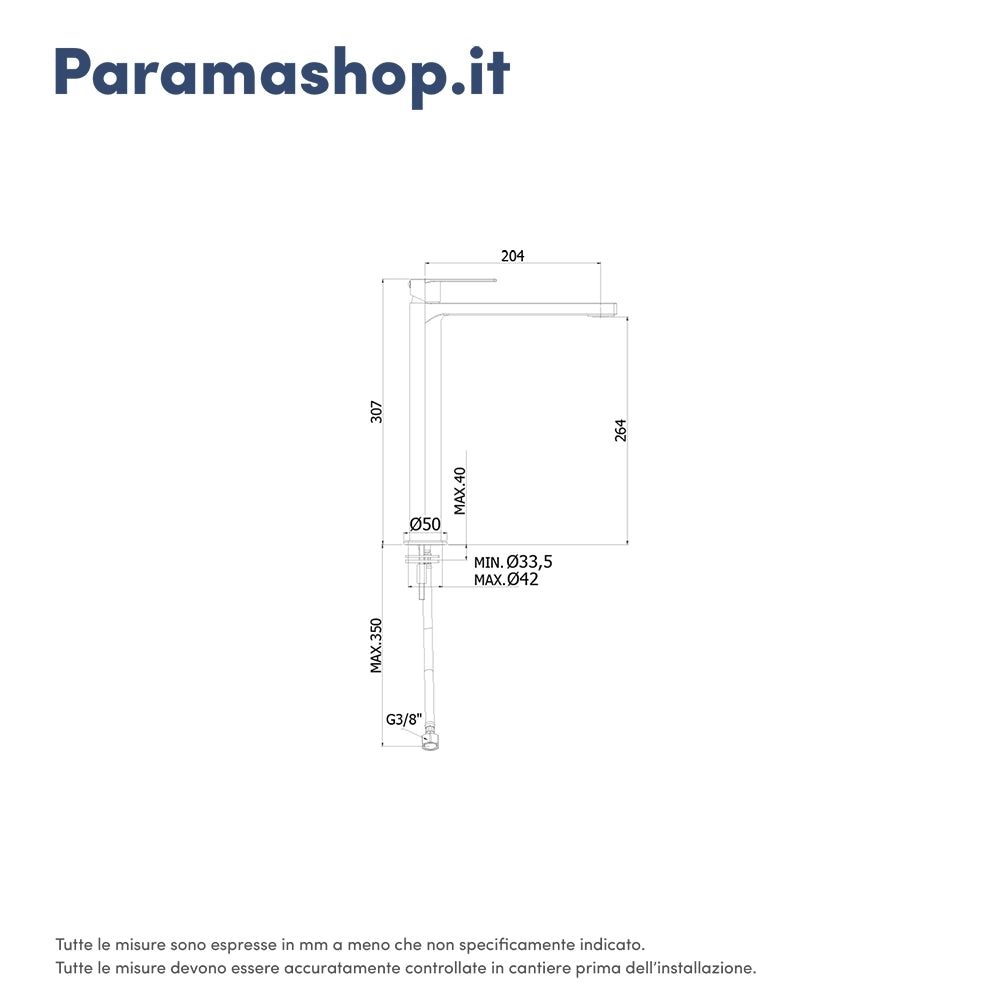 Paffoni miscelatore lavabo alto senza scarico cromato mod. Tango