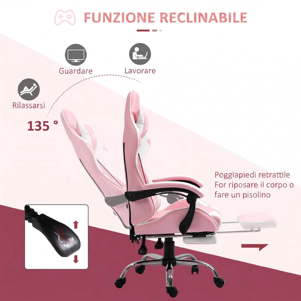 Sedia Gaming Ergonomica Reclinabile con Poggiatesta, Cuscino Lombare, Altezza Regolabile, Rosa e Bianco