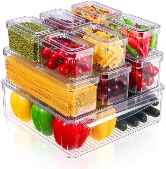 Set di organizzatori per frigorifero, 10 scatole trasparenti, con coperchio, stivocabile, adatto per frigorifero, cucina, bagno, camera da letto, salotto, ufficio, archiviazione e organizzazione, privo di BPA