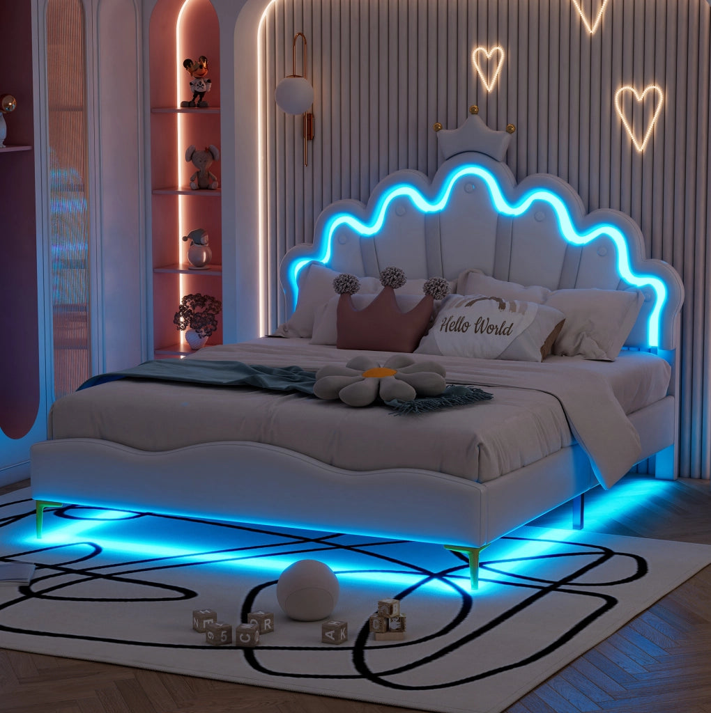 Letto matrimoniale 140x200 cm a corona bianco con LED e rivestimento in PU