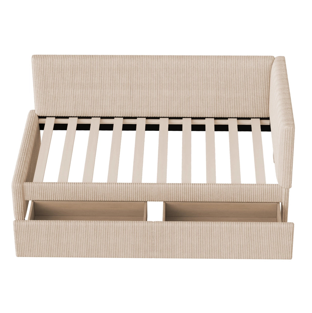 Divano letto classico in velluto; 90x200 cm; con 2 cassetti contenitore; beige