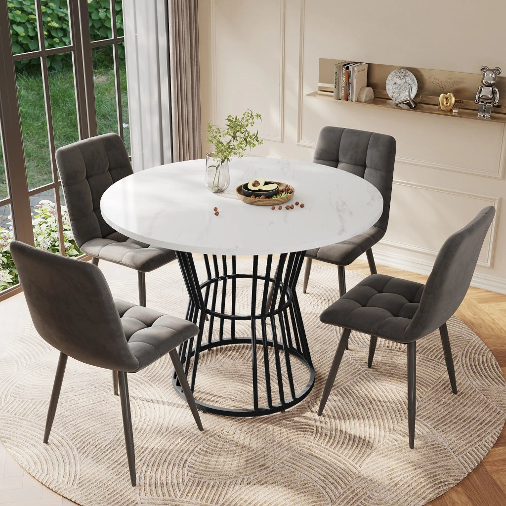 Tavolo da pranzo per 4 persone con 4 sedie, piano rotondo effetto marmo, struttura in metallo, multicolore