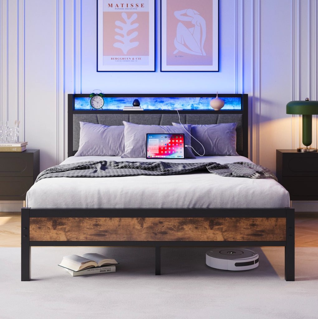 Letto 140x200 cm con LED, testiera contenitore e porte USB