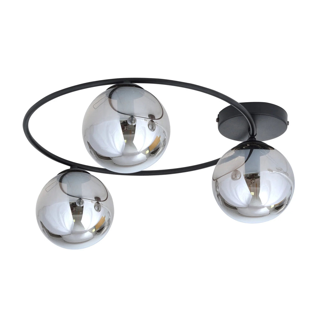 Plafoniera Minimal 3 Luci Perseo In Acciaio Nero E Sfere In Vetro Fumè