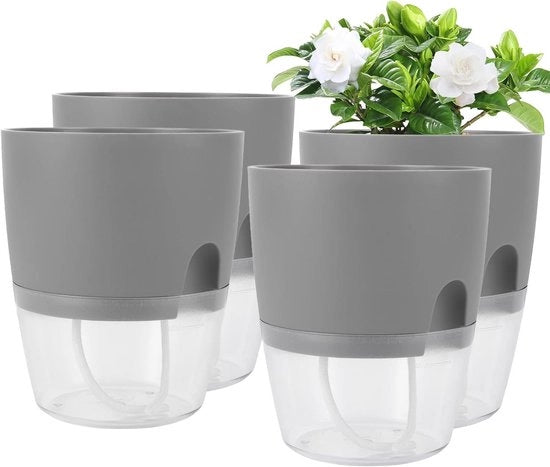 Impianto di irrigazione autoset per giardino di erbe - Set di 4 contenitori autosettori da 15 cm in grigio per giardino di erbe automatico per finestra e cucina