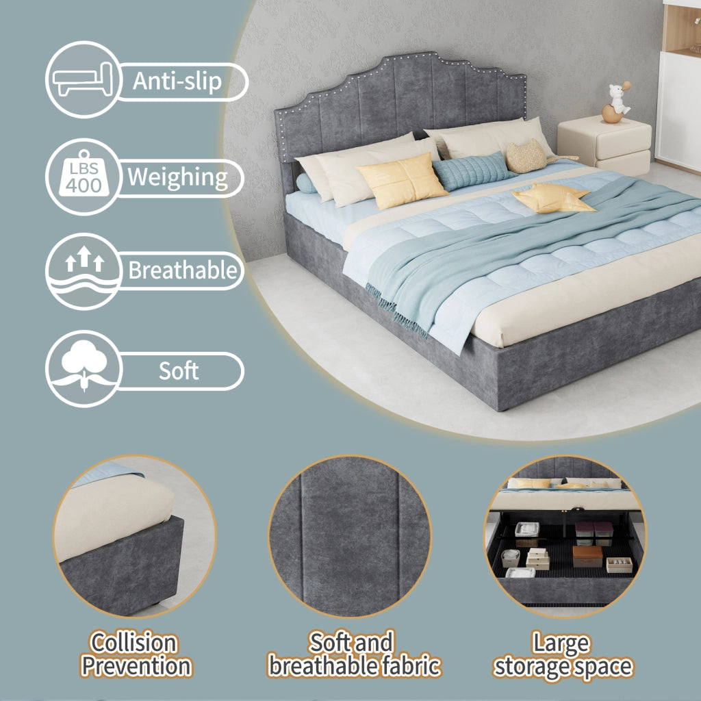 DESMIU Letto matrimoniale 160 × 200 cm in tessuto e metallo, testiera geometrica, senza materasso, grigio