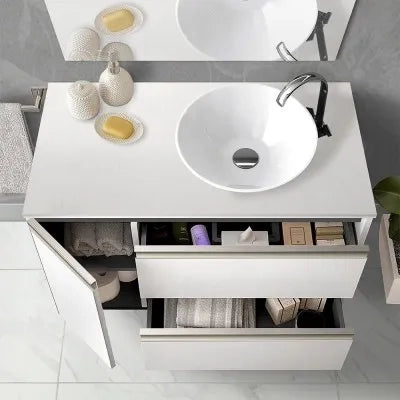 Mobile bagno sospeso 120 cm bianco opaco con due cassetti anta e specchio tondo Master