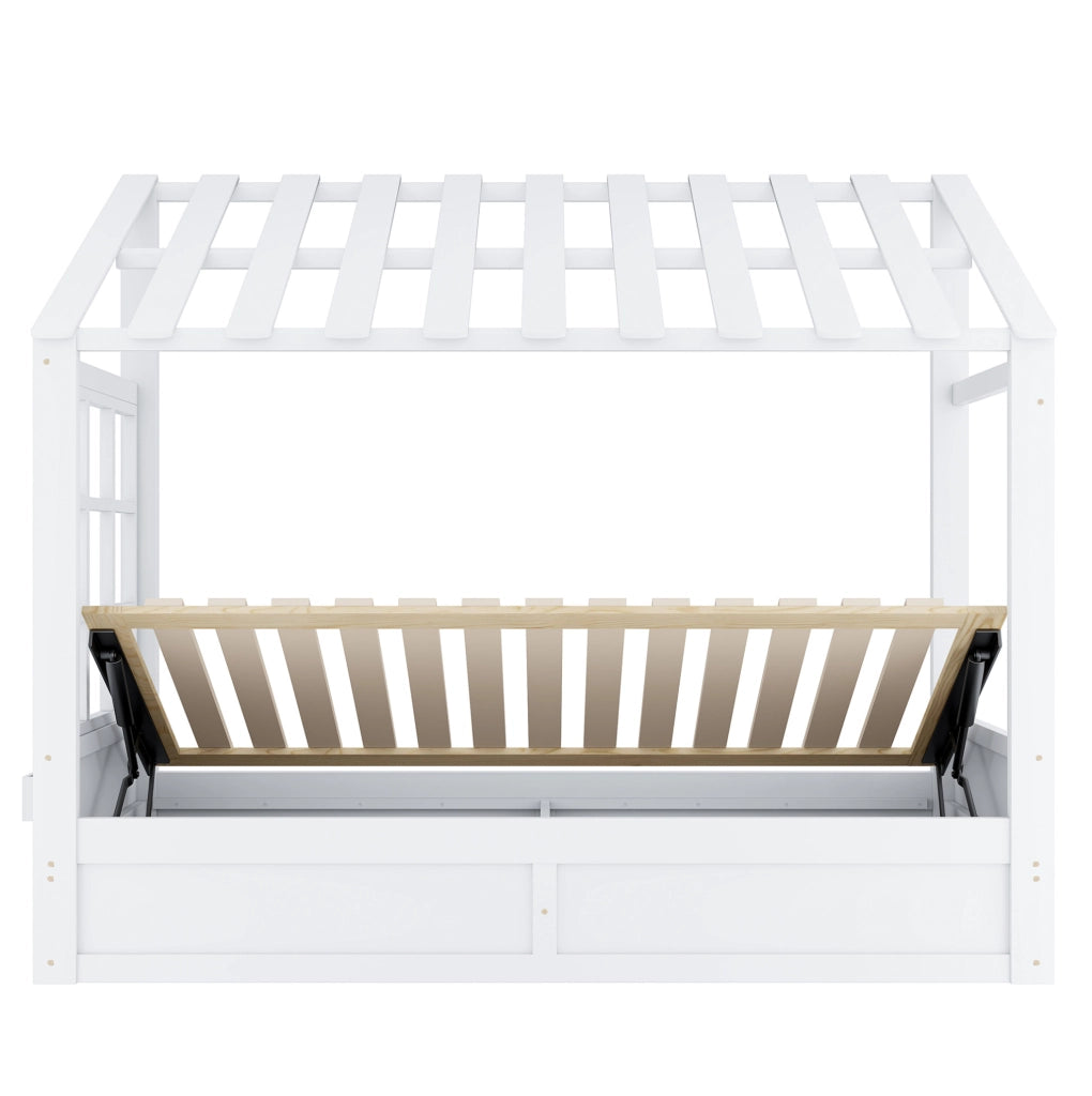 Letto per bambini 90x200 cm con contenitore idraulico e vani laterali; bianco