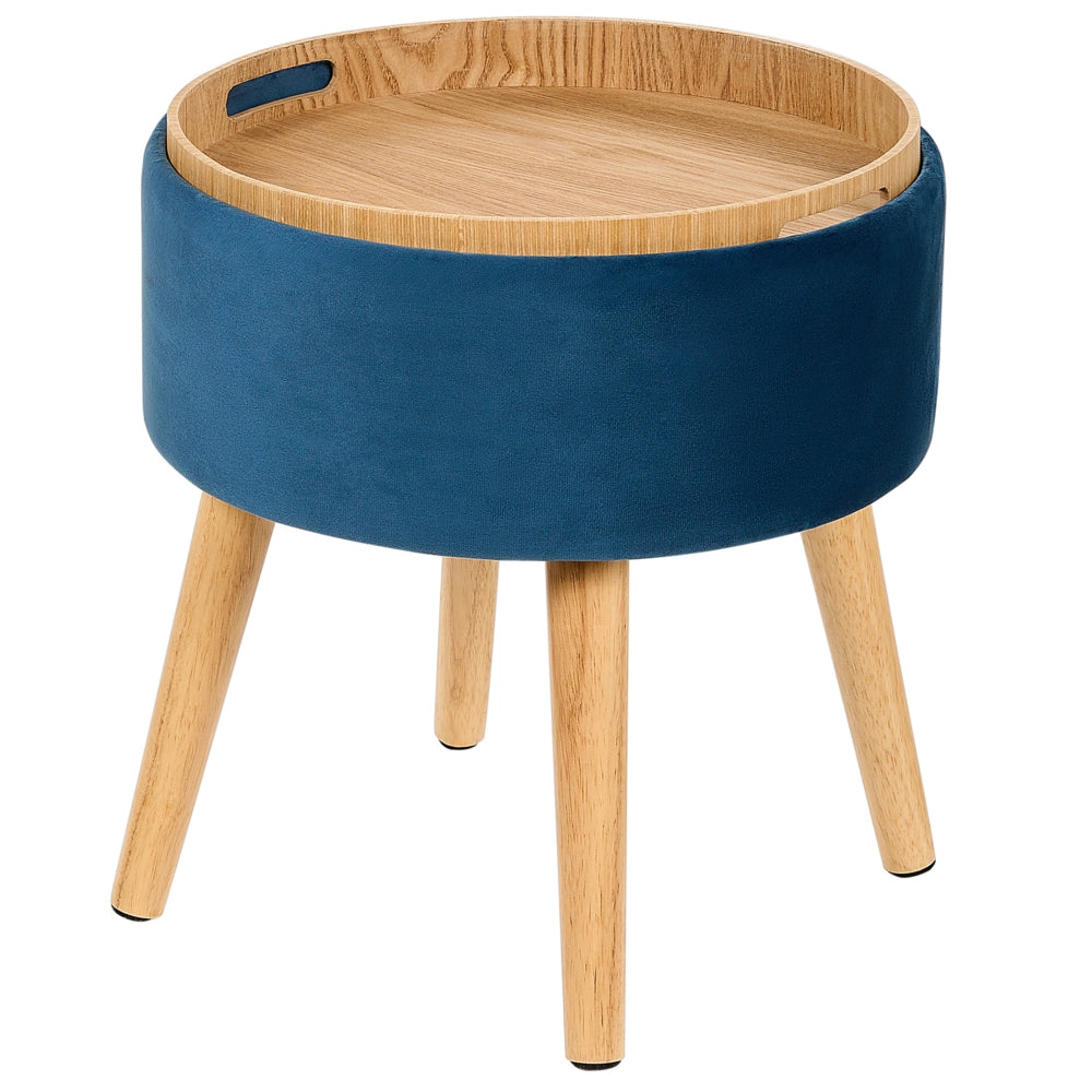 Pouf in velluto imbottito blu con vassoio contenitore stile glamour elegante soggiorno camera da letto
