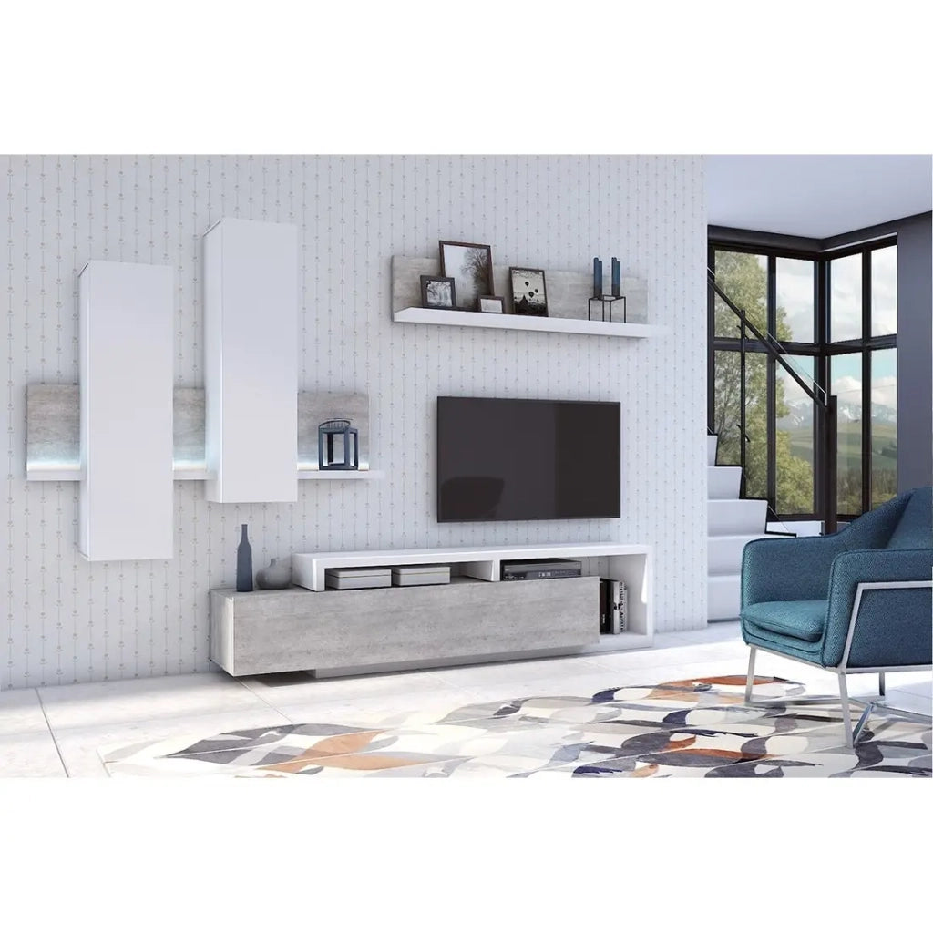 Set di mobili da salotto con LED collezione BERGAMO. Colori bianco e grigio cemento.