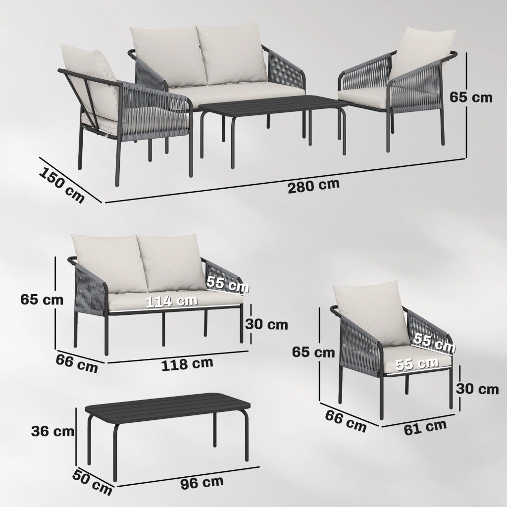 Set di mobili da giardino in polirato a 4 pezzi; divano a 2 posti; 2 poltrone e tavolino da caffè; cuscini rimovibili