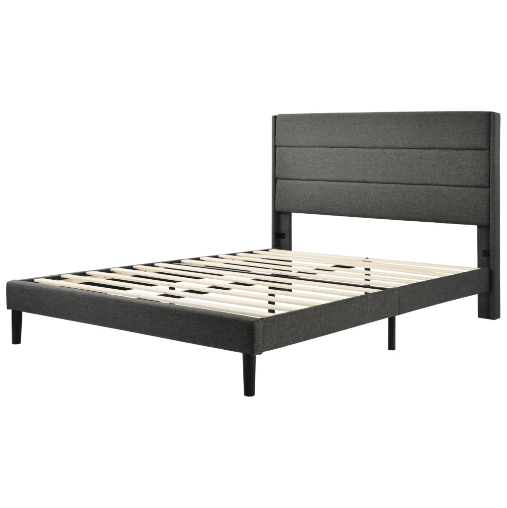 Letto matrimoniale imbottito 140x200 cm con rete a doghe e materasso 7 zone; lino grigio
