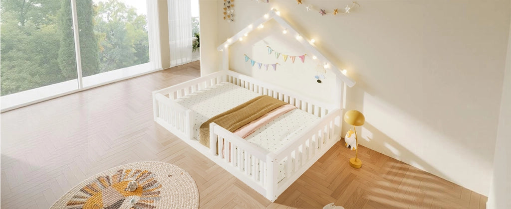 Letto per bambini 90 × 200 cm con barriera di sicurezza et luci LED, senza materasso, in legno, bianco