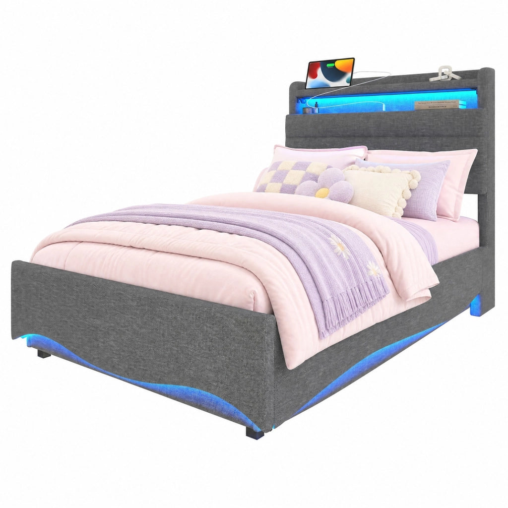 Letto imbottito 90x200 cm in lino grigio con LED, USB e Tipo-C, contenitore idraulico, senza materasso