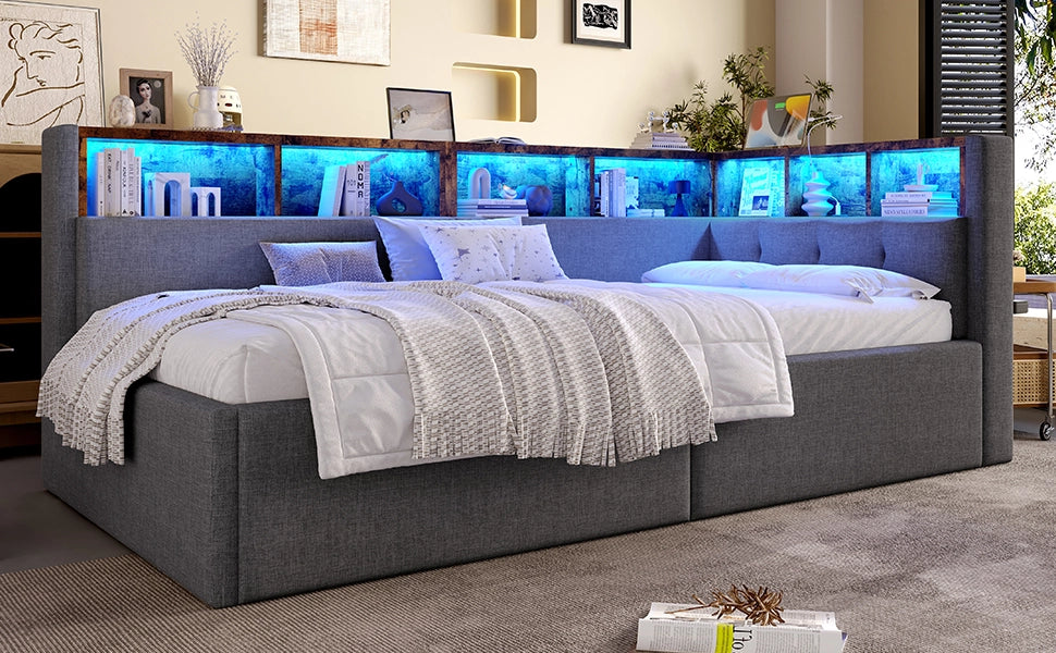 DESMIU Divano letto 90 × 200 cm 1 posto con USB, Type-C, LED regolabile, vano idraulico, senza materasso, grigio