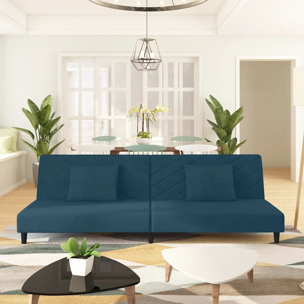 Divano Letto a 2 Posti con 2 Cuscini Blu in Velluto 375909